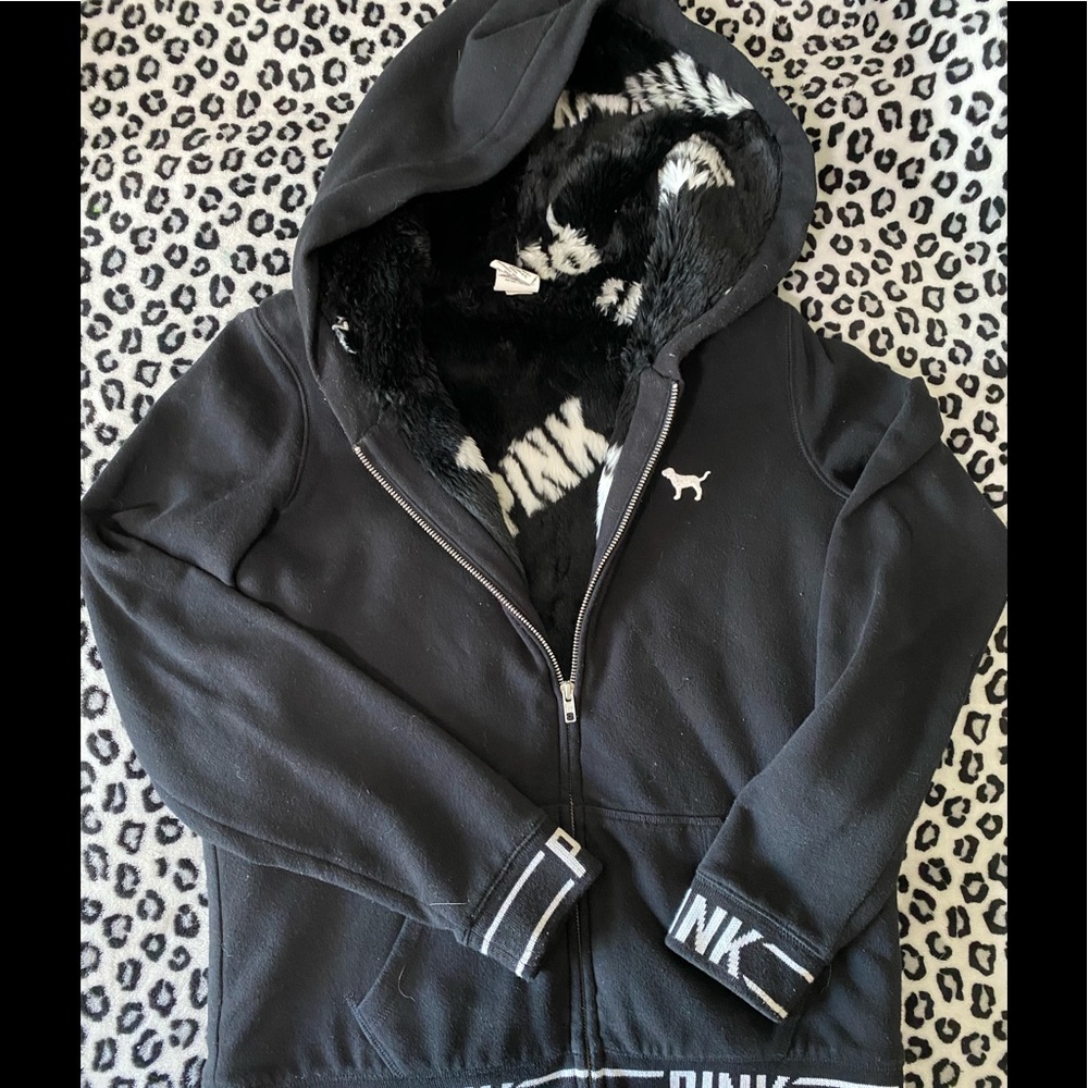 VS PINK faux fur logo zip up hoodie